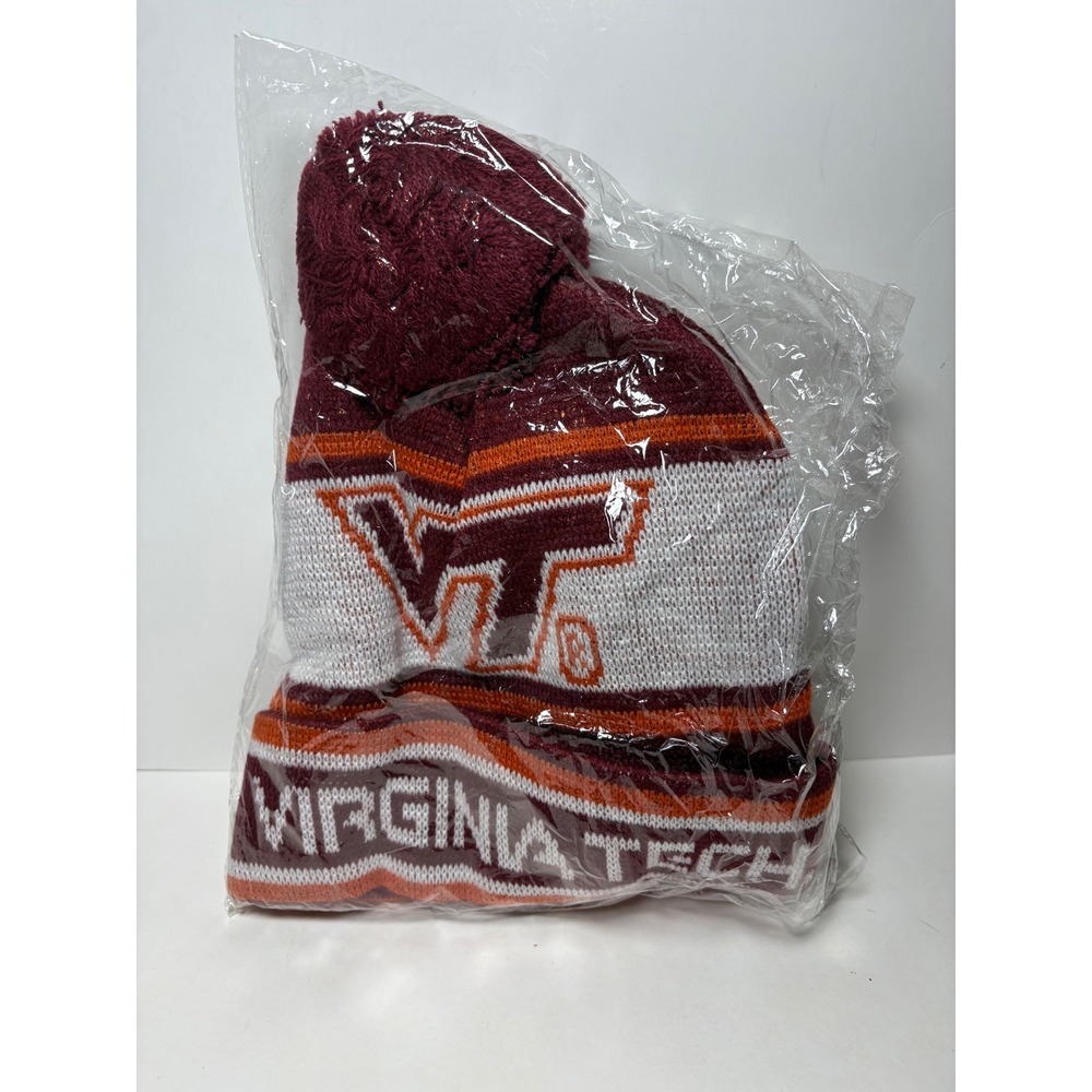 Virginia Tech Hokies Knit Beanie Maroon Orange White Pom Cuffed Stocking Cap Hat